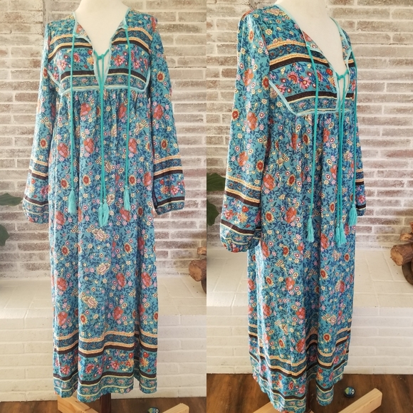 Gypsy Bohemian Turquoise Maxi Dress Folk Town - Picture 3 of 7